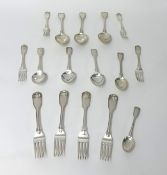 A Victorian silver set of three table spoons, three table forks, one dessert spoon and one tea