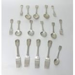 A Victorian silver set of three table spoons, three table forks, one dessert spoon and one tea