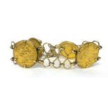 A 9ct gold sovereign bracelet, composed of four coins, Bun Head 1880, three Old Head, 1892, 1893 (