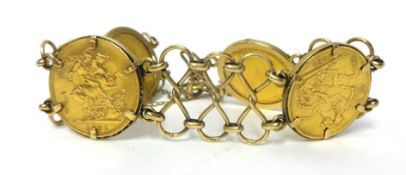 A 9ct gold sovereign bracelet, composed of four coins, Bun Head 1880, three Old Head, 1892, 1893 (