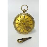 A Victorian 18ct gold open face key wound pocket watch, Chester 1839, the floral engraved gilt