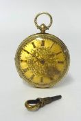 A Victorian 18ct gold open face key wound pocket watch, Chester 1839, the floral engraved gilt