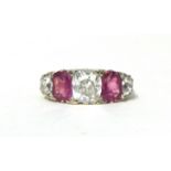 A Victorian gold, ruby and diamond five stone ring, carved claw set with mixed and old cut stones,