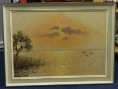 C.D.BREUIN oil on canvas 'Evening Swans Alighting', signed , 50cm x 70cm