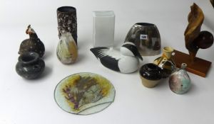 Collection of contemporary pottery also glass plaque and carved wood sculpture (12).