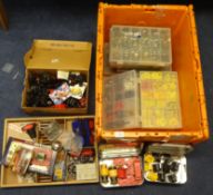 A large collection of various Meccano pieces to include part built pieces, electric motors,