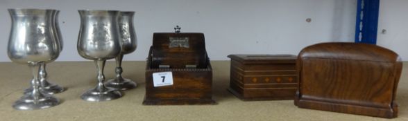 Three novelty cigarette boxes, four James Yates pewter goblets, general postcards including some