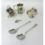 Two electro-plated sugar 'coal scuttles', with spoons, an electro-plated christening mug and a