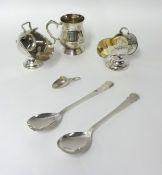 Two electro-plated sugar 'coal scuttles', with spoons, an electro-plated christening mug and a