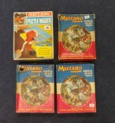 Meccano jigsaw puzzle maker, also three Meccano magazine circular jig-saw puzzles (4).