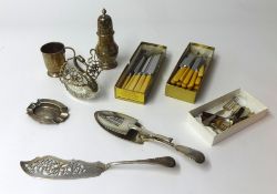 A sugar castor, christening mug and ashtray also a white metal and glass swan, fish slice and