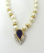 A cultured pearl, amethyst and diamond necklace, the front collet set with a pear shape amethyst