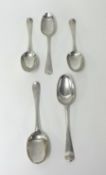 A George II silver set of three Hanovarian table spoons, London 1736, and two other silver spoons,