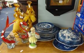 Booths Willow blue and white dinner wares, pair Maurano glass figures, two glass animals and