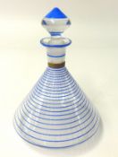 A glass conical and blue enamelled decanter and stopper, with paper label 'Lavender', height 16.