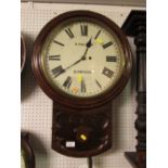 Late 19th century oak cased railway clock, the white enamel dial with black Roman numerals and