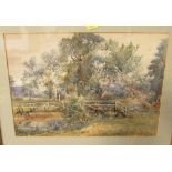 Arthur W Perry - trees and wooden bridge, watercolour, signed lower right, (25cm x 35cm), F&G