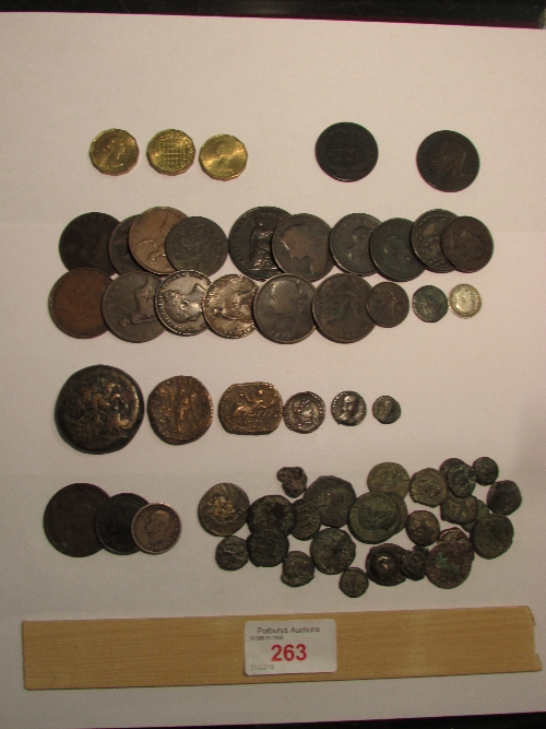 Six envelopes of coins including Georgian, early Roman and Egyptian, British Naval half penny