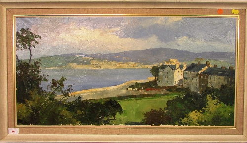 Houses and bay, oil on canvas, indistinct signature lower right, perhaps mid to late 20th