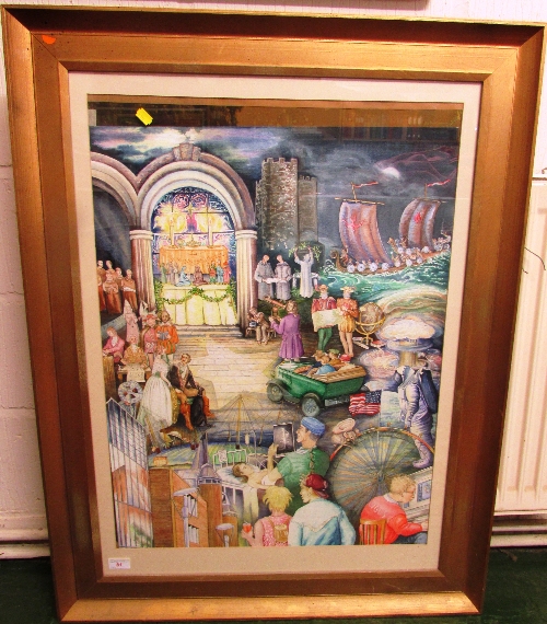 An early 21st century watercolour depicting a tableau of civilisation with figures pursuing art,