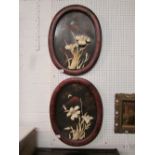 Pair of oval lacquer wall plaques painted with Mount Fuji with applied carved bone flowers in deep