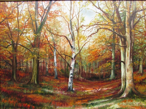 Peter Goodhall - silver birch in autumn wood, oil on canvas, signed and dated 1983 lower left (44.