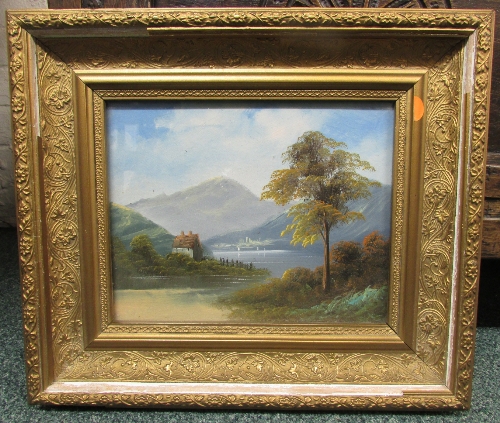 House by lake with hill beyond, 19th century oil on board or card, indistinct signature lower