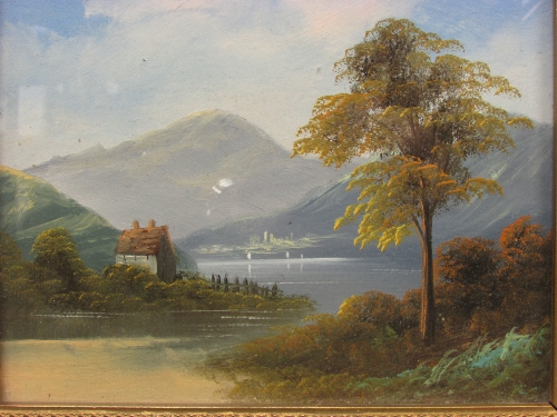 House by lake with hill beyond, 19th century oil on board or card, indistinct signature lower - Image 2 of 2
