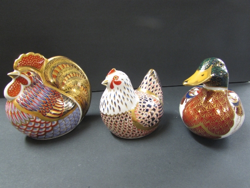 Three Royal Crown Derby paperweights, HEN gold stopper (8cm), COCKEREL silver stopper (9.5cm) and