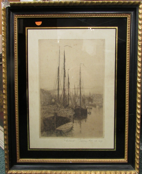 After Richard Toovey - sailed barges at quayside, etching endorsed in pencil (30cm x 20cm) F&G