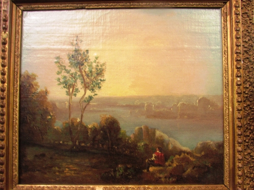 19th century oil on canvas of riverside with figure to foreground (perhaps the Thames near - Image 2 of 3