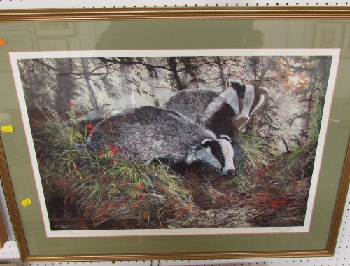 After Dorothea Hyde - limited edition reproduction colour print of badgers, signed and numbered