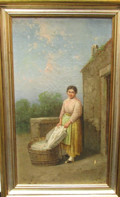 Late 19th century oil on canvas of young woman at wash tub (31cm x 17cm) in a modern frame, the