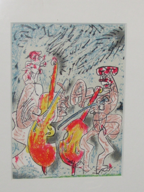 After Roberto Matta (1911-1952) - cello players, offset lithograph (24.5cm x 18cm), glazed and in