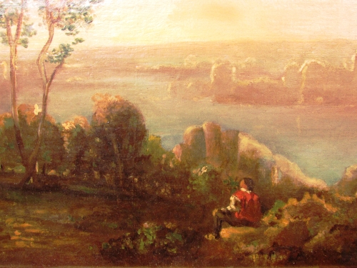 19th century oil on canvas of riverside with figure to foreground (perhaps the Thames near - Image 3 of 3