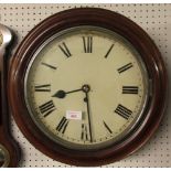 Mid Victorian mahogany circular wall clock, black Roman numerals on white dial (28.5cm), unsigned,