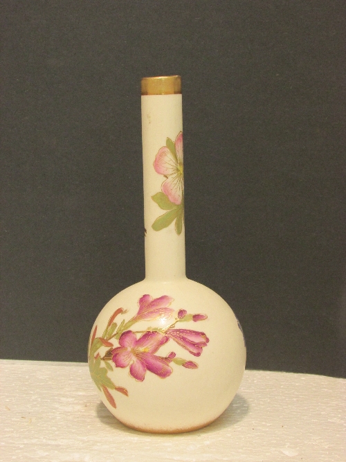 Pair of cream ground Worcester bottle vases with narrow cylindrical necks, painted with various - Image 3 of 5