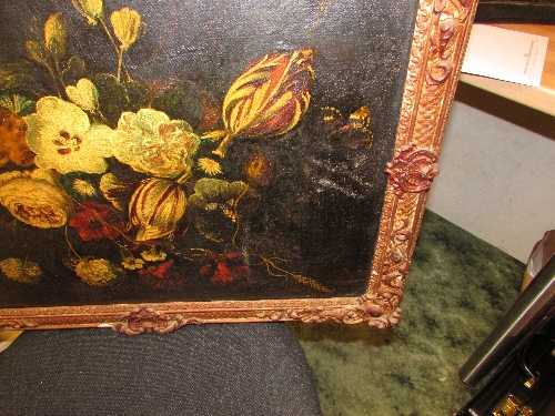 Dutch School still life with flowers and butterfly, oil on canvas (41cm x 59cm) in a moulded gilt - Image 3 of 3