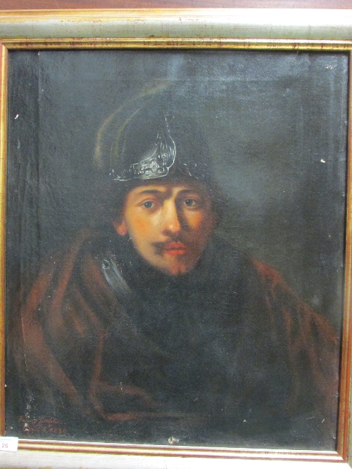 19th century portrait of gentleman in red robe and helmet, oil on canvas, signed lower left Fanny