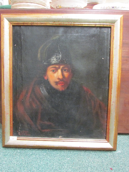 19th century portrait of gentleman in red robe and helmet, oil on canvas, signed lower left Fanny - Image 2 of 2