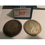 Belgian Leopold II 1873 silver 5 Franc coin, and a George V 1935 crown