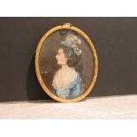 19th century oval miniature portrait of a lady in blue dress and white feather hat, signed J Myers