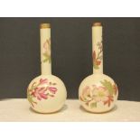 Pair of cream ground Worcester bottle vases with narrow cylindrical necks, painted with various