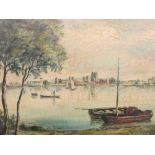 V. Mathias - boats by shore, oil on board (26cm x 22cm) in a plain gilt frame