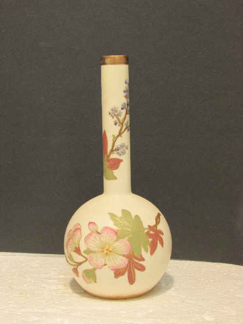 Pair of cream ground Worcester bottle vases with narrow cylindrical necks, painted with various - Image 2 of 5