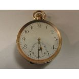 14ct gold pocket watch, Arabic chapter (the numerals with finely scrolled serifs) on white enamel