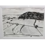 Landscape with fields and hill beyond, charcoal on paper, signed Roger Mayne lower right, (40cm x