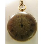 Ladies Victorian 18ct gold fob watch with engraved dial, Roman chapter, the outer back plate