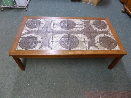 Danish teak coffee table by Mobelintarsia topped with eighteen square tiles of square abstract