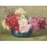 Catherine A Lilley - 'Chrysanthemums No 2', oil on canvas (30cm x 39.5cm) in an oak frame, signed